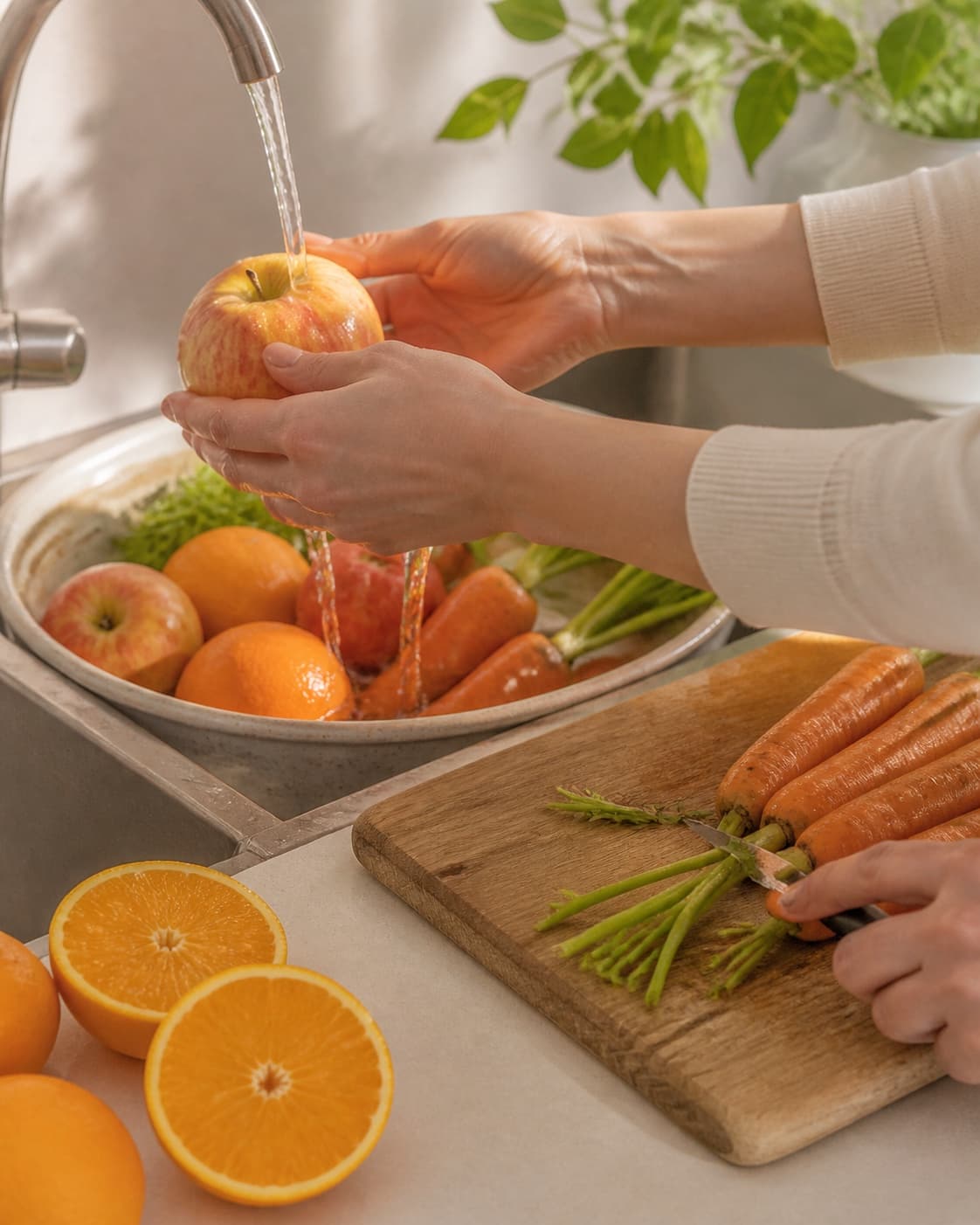 One single photorealistic instructional frame of fresh produce being washed and trimmed for Orange grøntsagsjuice, featuring gulerødder, appelsiner, æbler, with only the named equipment and no unrelated food, text, logos or packaging under tilberedningen af orange grøntsagsjuice