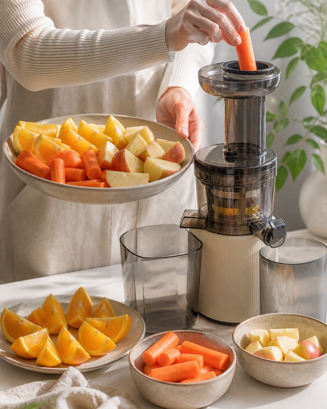One single photorealistic instructional frame of the produce cut into juicer-size pieces for Orange grøntsagsjuice, featuring gulerødder, appelsiner, æbler, with only the named equipment and no unrelated food, text, logos or packaging under tilberedningen af orange grøntsagsjuice