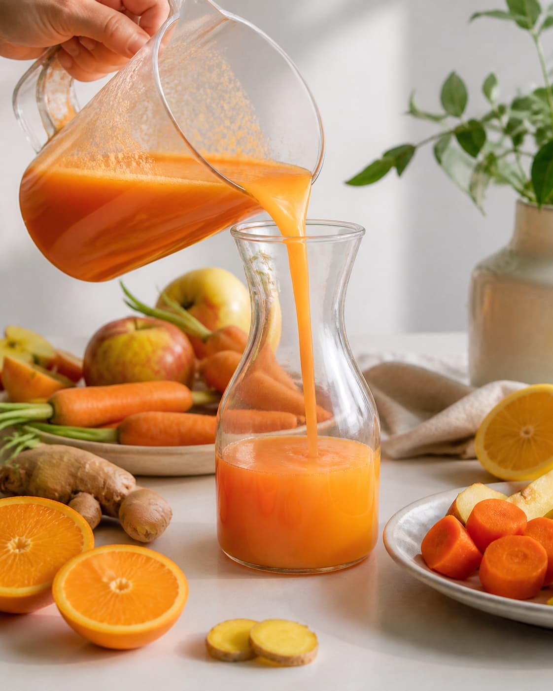 One single photorealistic instructional frame of colorful fresh juice flowing into one clean jug for Orange grøntsagsjuice, featuring gulerødder, appelsiner, æbler, with only the named equipment and no unrelated food, text, logos or packaging under tilberedningen af orange grøntsagsjuice