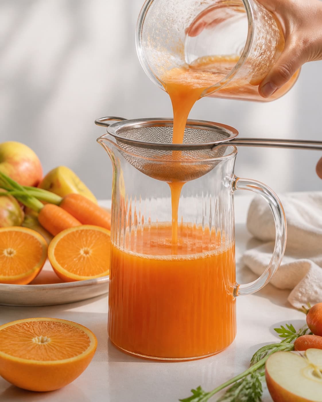 One single photorealistic instructional frame of fresh juice being strained into one jug for Orange grøntsagsjuice, featuring gulerødder, appelsiner, æbler, with only the named equipment and no unrelated food, text, logos or packaging under tilberedningen af orange grøntsagsjuice