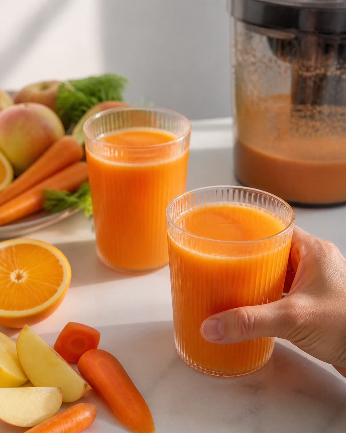One single photorealistic instructional frame of the finished bright juice in clean chilled glasses for Orange grøntsagsjuice, featuring gulerødder, appelsiner, æbler, with only the named equipment and no unrelated food, text, logos or packaging under tilberedningen af orange grøntsagsjuice