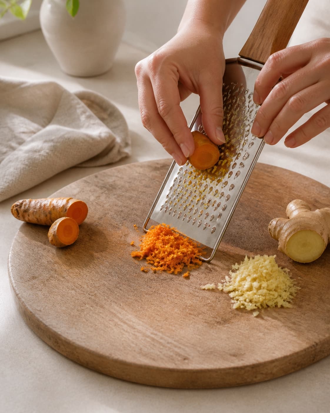 Fine orange turmeric and pale ginger being grated separately on one board, no milk, egg, cup or finished drink under tilberedningen af gylden gurkemeje drik