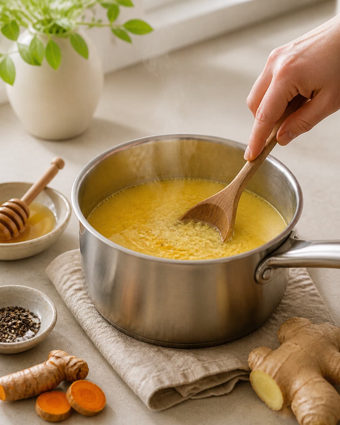 Golden turmeric milk steaming gently in one saucepan with visible grated ginger, no egg, blender or serving glass under tilberedningen af gylden gurkemeje drik