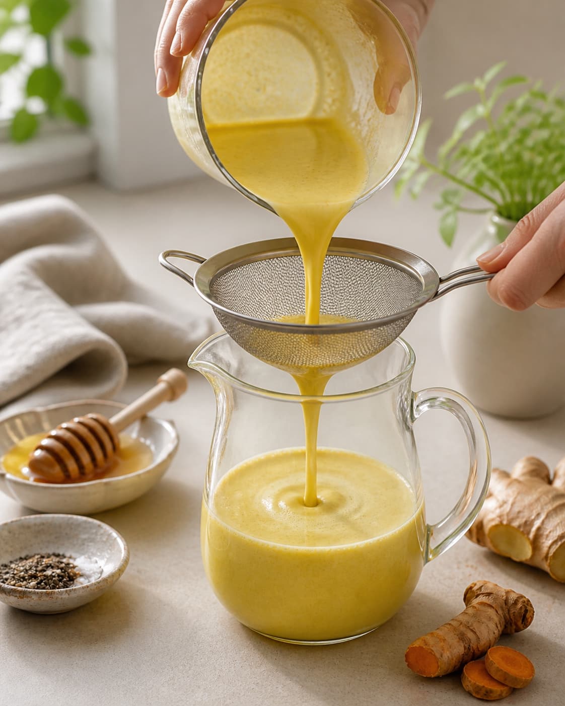 Golden turmeric milk being strained through a fine sieve into one clean jug, no raw egg or cocktail equipment under tilberedningen af gylden gurkemeje drik