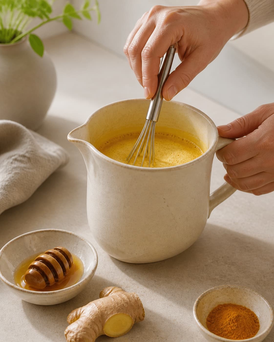 Warm golden turmeric drink being lightly frothed in one jug with a whisk, no shaker, ice or alcohol under tilberedningen af gylden gurkemeje drik