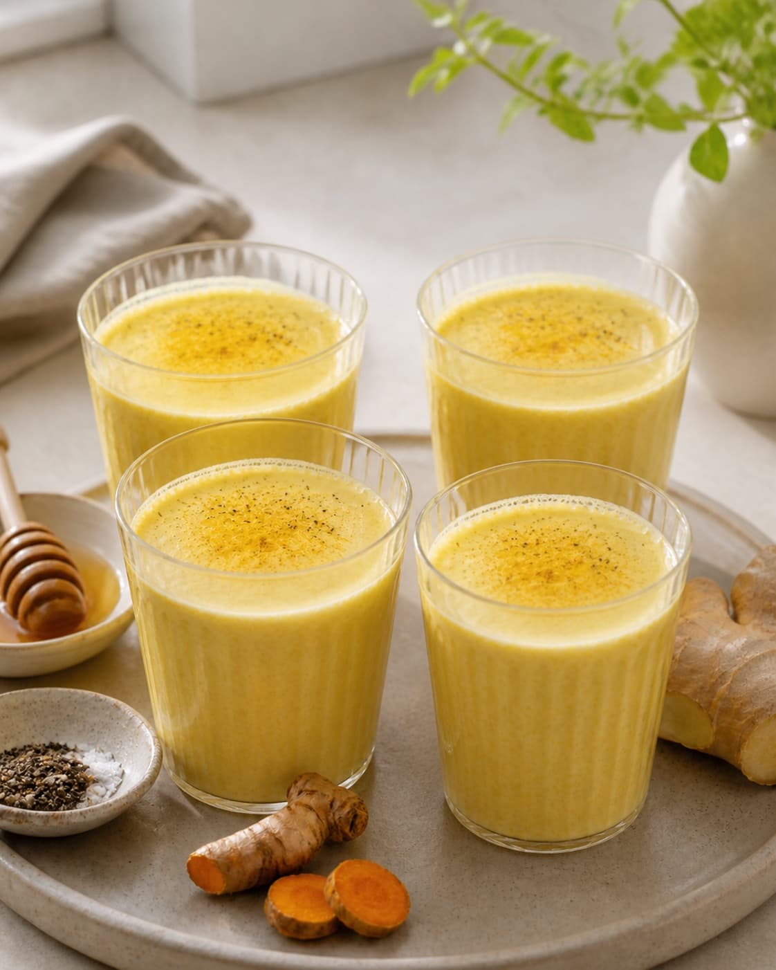 Four warm cups of golden turmeric drink with delicate natural foam, no ice, straw, alcohol, text or packaging under tilberedningen af gylden gurkemeje drik