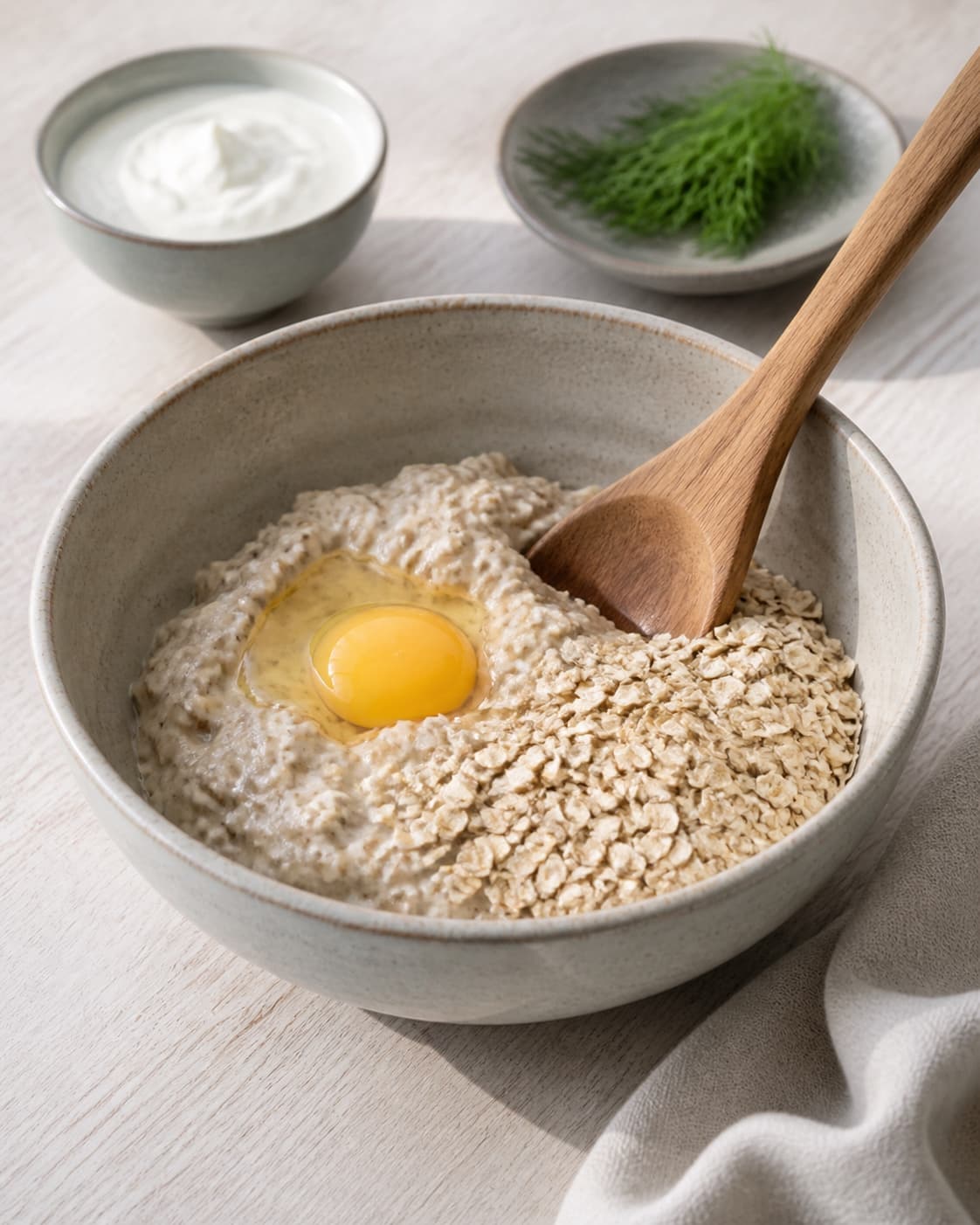 One single photorealistic instructional frame of the main ingredient trimmed cut and dried before roasting for Sprøde grødchips med dilddip, featuring kold havregrød, æg, havregryn, with only the named equipment and no unrelated food, text, logos or packaging under tilberedningen af sprøde grødchips med dilddip