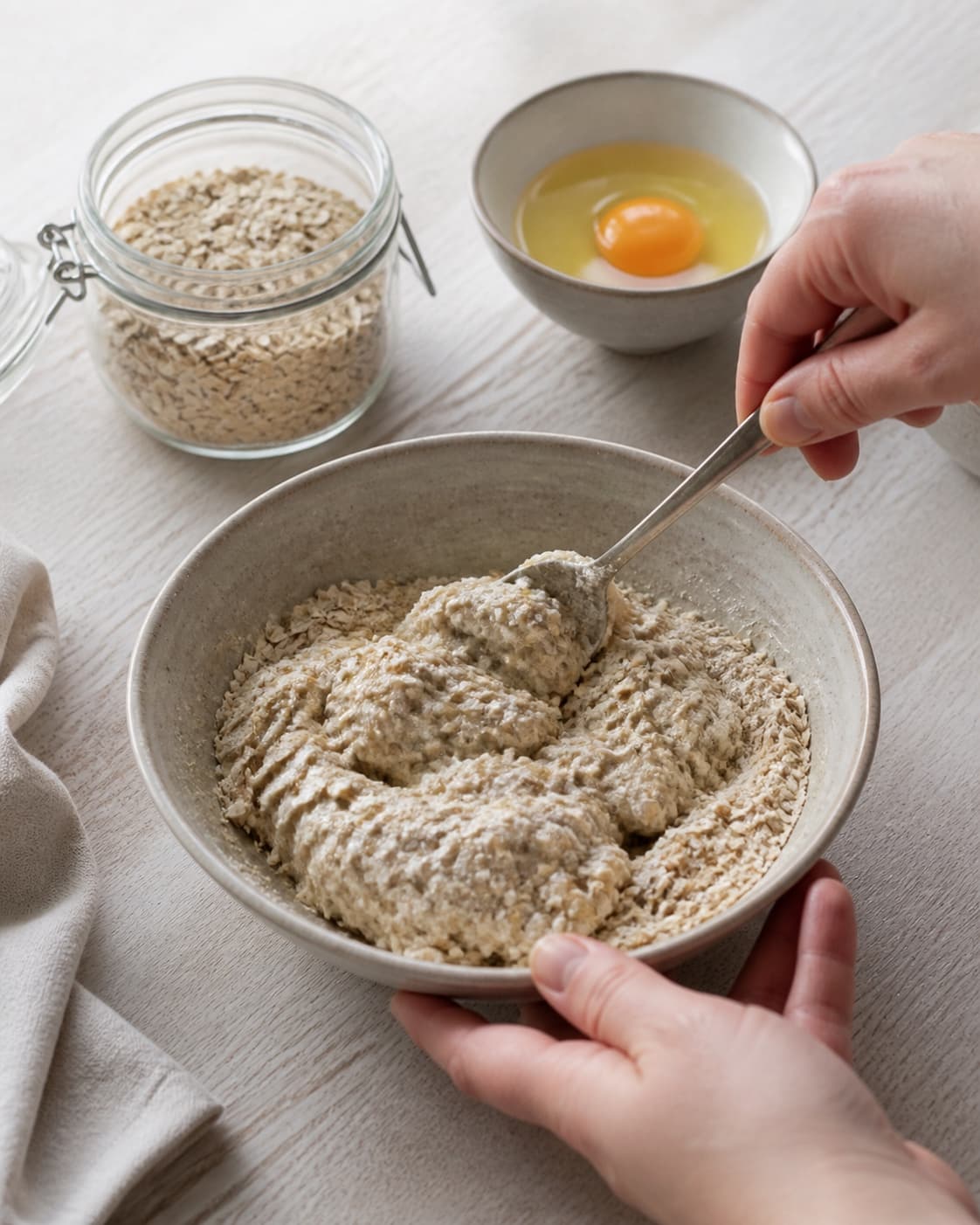 One single photorealistic instructional frame of the main ingredient being evenly coated with seasoning for Sprøde grødchips med dilddip, featuring kold havregrød, æg, havregryn, with only the named equipment and no unrelated food, text, logos or packaging under tilberedningen af sprøde grødchips med dilddip