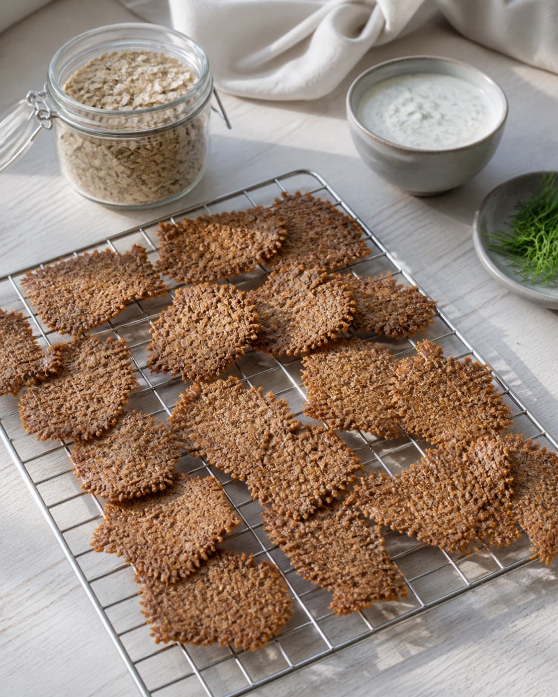 One single photorealistic instructional frame of the cooked ingredient resting uncovered on one rack or platter for Sprøde grødchips med dilddip, featuring kold havregrød, æg, havregryn, with only the named equipment and no unrelated food, text, logos or packaging under tilberedningen af sprøde grødchips med dilddip