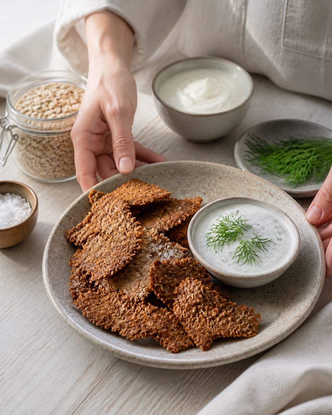 One single photorealistic instructional frame of the finished roasted dish portioned on one serving platter for Sprøde grødchips med dilddip, featuring kold havregrød, æg, havregryn, with only the named equipment and no unrelated food, text, logos or packaging under tilberedningen af sprøde grødchips med dilddip
