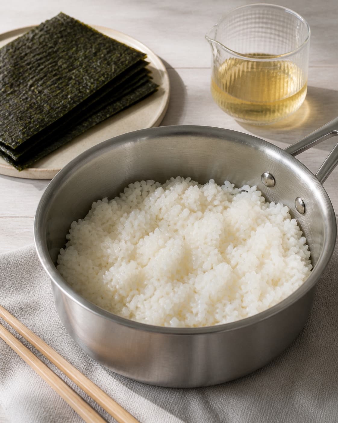 One single photorealistic instructional frame of glossy cooked sushi rice resting in one pot for Sushi i madpakken - lækre maki med laks, featuring sushiris, riseddike, noriark, with only the named equipment and no unrelated food, text, logos or packaging under tilberedningen af sushi i madpakken - lækre maki med laks