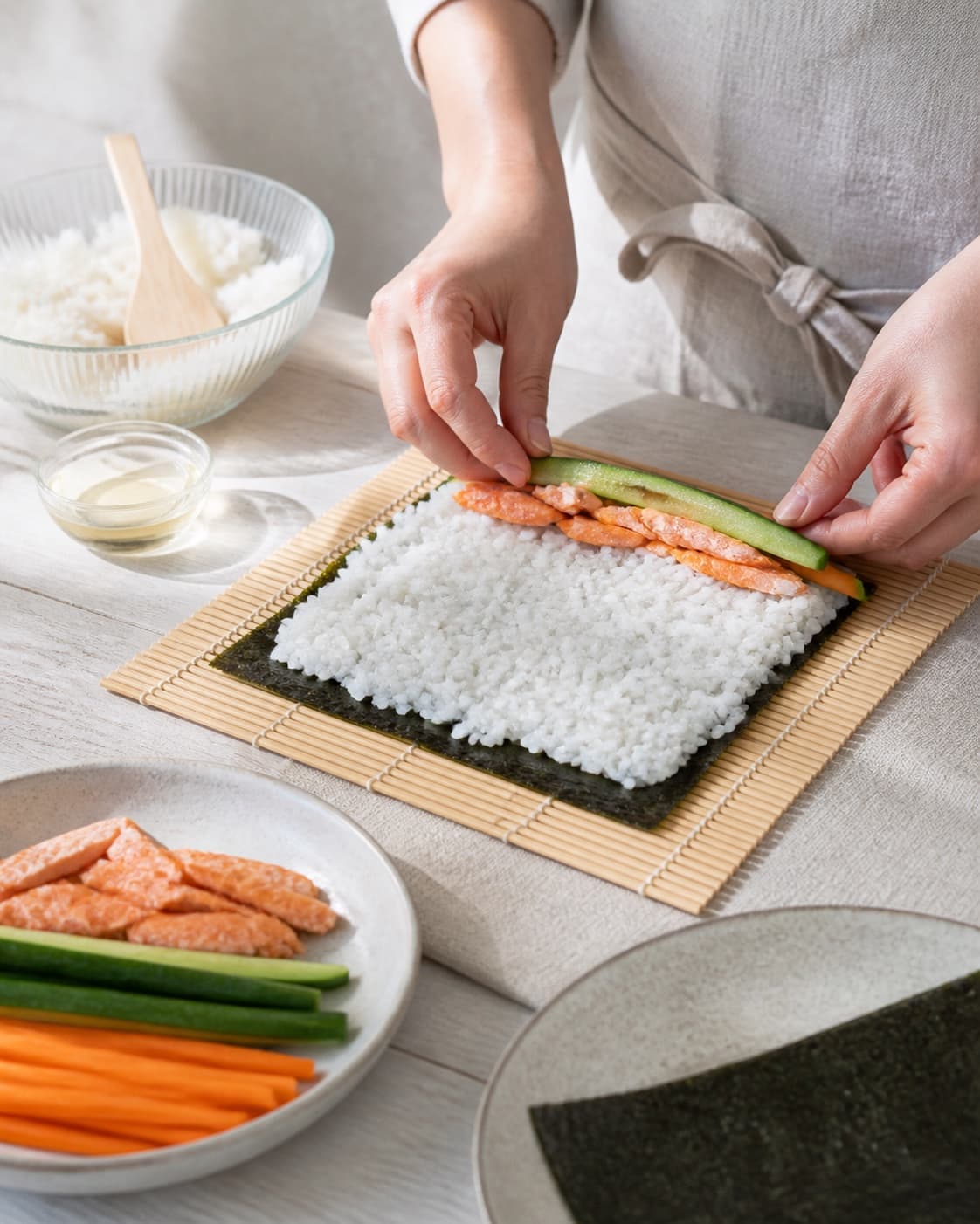 One single photorealistic instructional frame of cooked salmon and vegetable strips prepared separately for Sushi i madpakken - lækre maki med laks, featuring sushiris, riseddike, noriark, with only the named equipment and no unrelated food, text, logos or packaging under tilberedningen af sushi i madpakken - lækre maki med laks