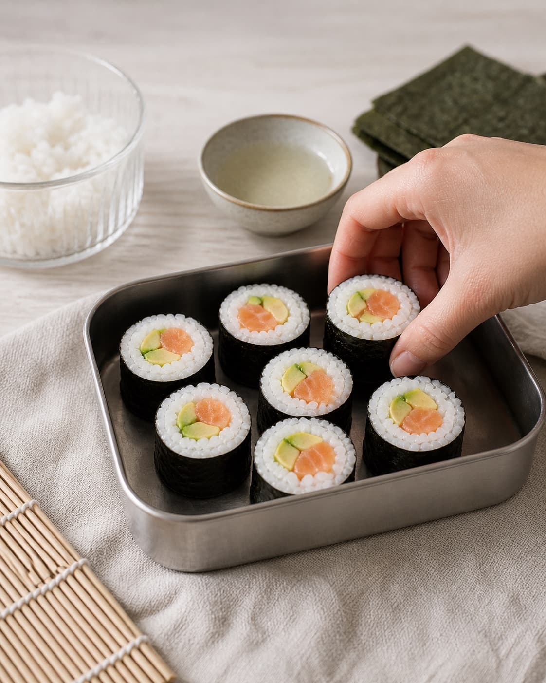 One single photorealistic instructional frame of clean maki pieces arranged in one lunch box for Sushi i madpakken - lækre maki med laks, featuring sushiris, riseddike, noriark, with only the named equipment and no unrelated food, text, logos or packaging under tilberedningen af sushi i madpakken - lækre maki med laks