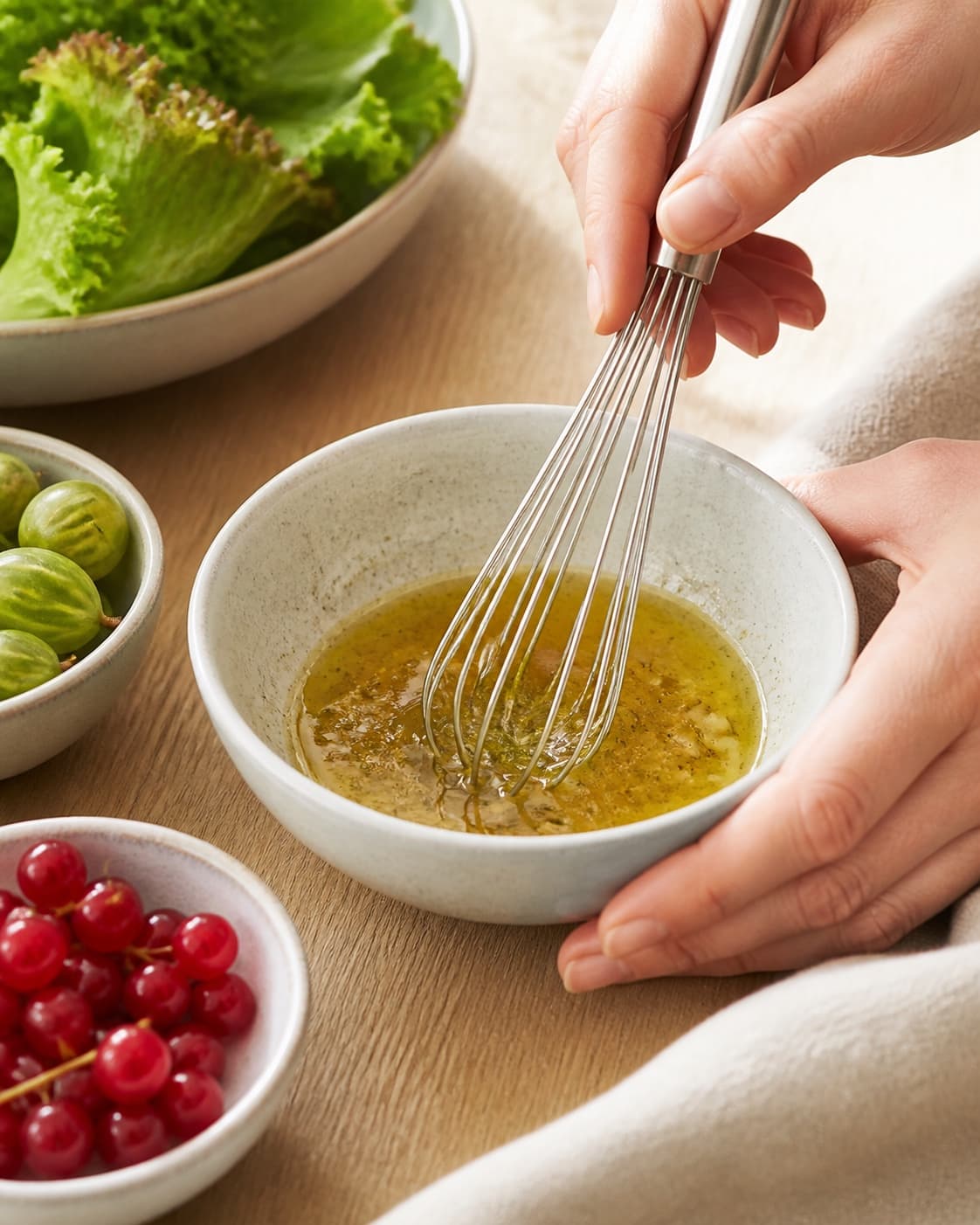 One single photorealistic instructional frame of a glossy dressing being whisked in one small bowl for Sommersalat med stikkelsbær og ribs, featuring blandede salatblade, stikkelsbær, ribs, with only the named equipment and no unrelated food, text, logos or packaging under tilberedningen af sommersalat med stikkelsbær og ribs