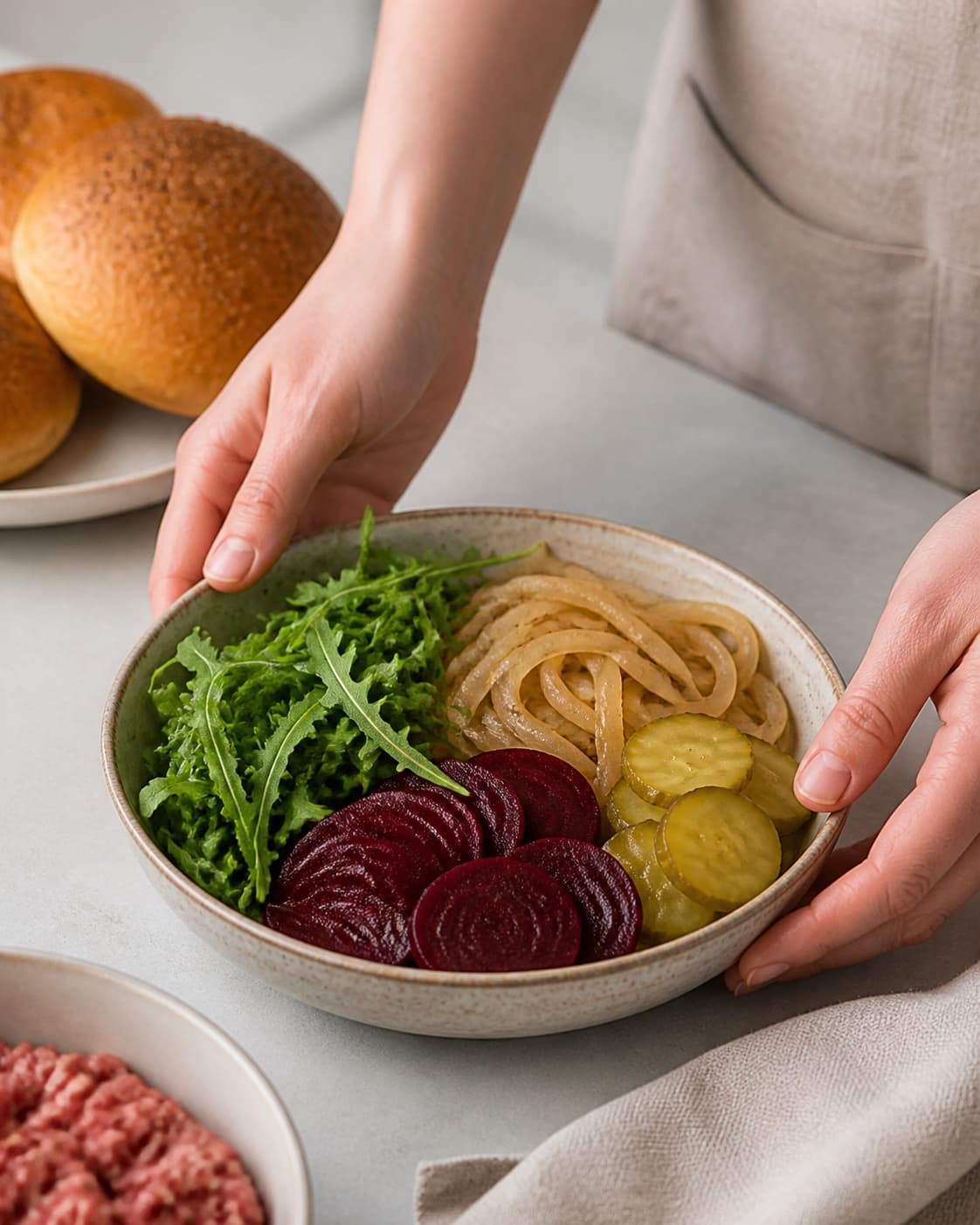 One single photorealistic instructional frame of crisp burger vegetables and pickles prepared in one bowl for Aussie burger, featuring hakket oksekød, burgerboller, rødbede, with only the named equipment and no unrelated food, text, logos or packaging under tilberedningen af aussie burger