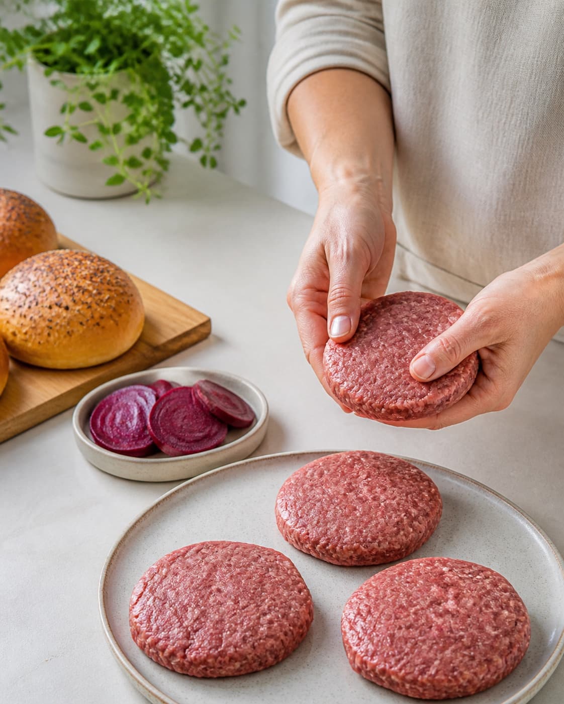 One single photorealistic instructional frame of realistic hands shaping four equal raw burger patties for Aussie burger, featuring hakket oksekød, burgerboller, rødbede, with only the named equipment and no unrelated food, text, logos or packaging under tilberedningen af aussie burger