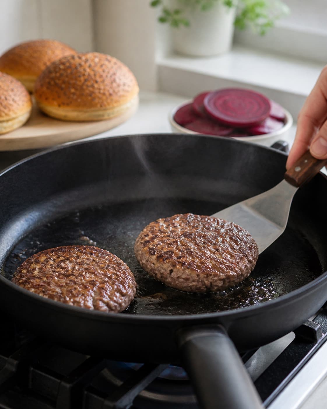 One single photorealistic instructional frame of burger patties browning in one skillet or grill for Aussie burger, featuring hakket oksekød, burgerboller, rødbede, with only the named equipment and no unrelated food, text, logos or packaging under tilberedningen af aussie burger