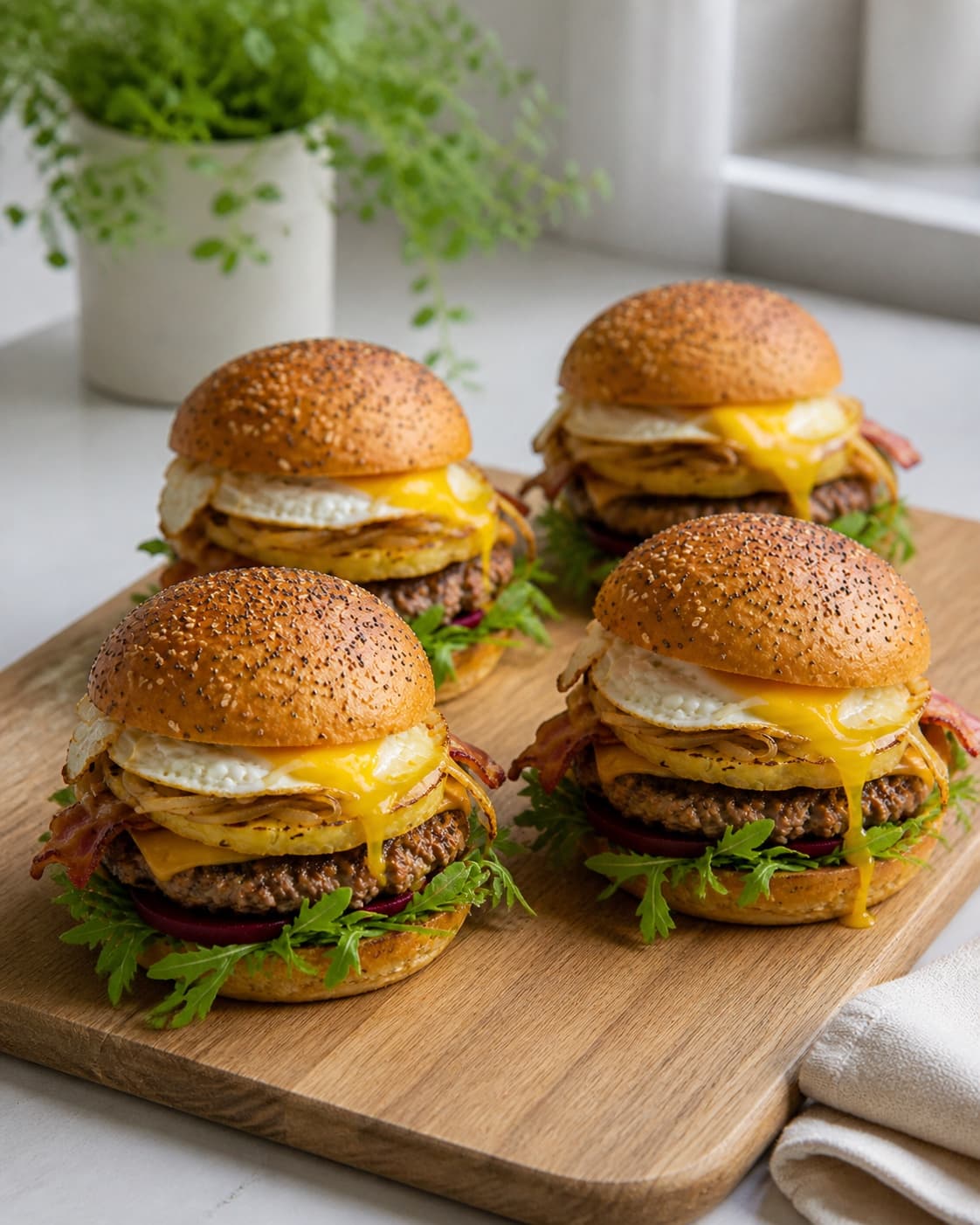 One single photorealistic instructional frame of four completed burgers assembled neatly on one board for Aussie burger, featuring hakket oksekød, burgerboller, rødbede, with only the named equipment and no unrelated food, text, logos or packaging under tilberedningen af aussie burger