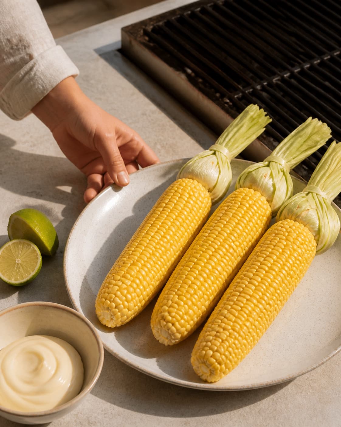 One single photorealistic instructional frame of the cleaned main ingredient prepared beside the grill for Tex Mex Majskolber, featuring majskolber, mayonnaise, lime, with only the named equipment and no unrelated food, text, logos or packaging under tilberedningen af tex mex majskolber
