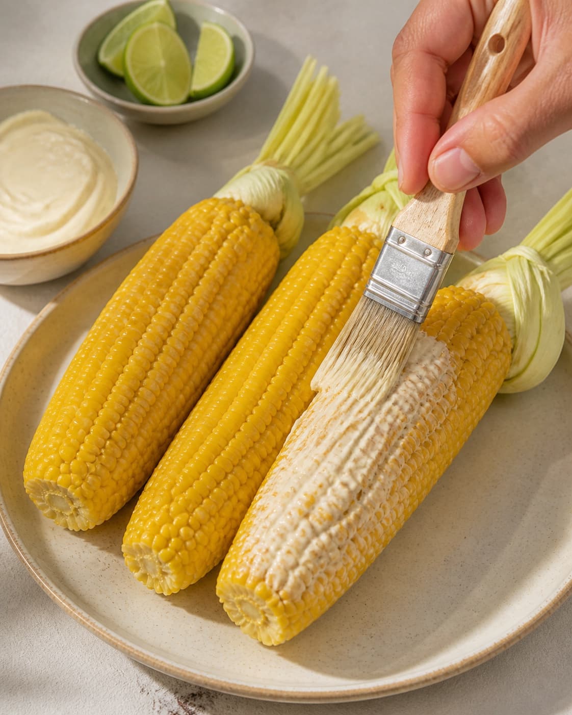 One single photorealistic instructional frame of the main ingredient being brushed with seasoning for Tex Mex Majskolber, featuring majskolber, mayonnaise, lime, with only the named equipment and no unrelated food, text, logos or packaging under tilberedningen af tex mex majskolber