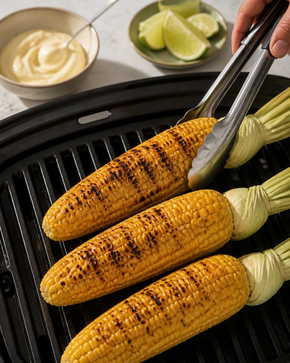 One single photorealistic instructional frame of the main ingredient grilling with clear sear marks for Tex Mex Majskolber, featuring majskolber, mayonnaise, lime, with only the named equipment and no unrelated food, text, logos or packaging under tilberedningen af tex mex majskolber