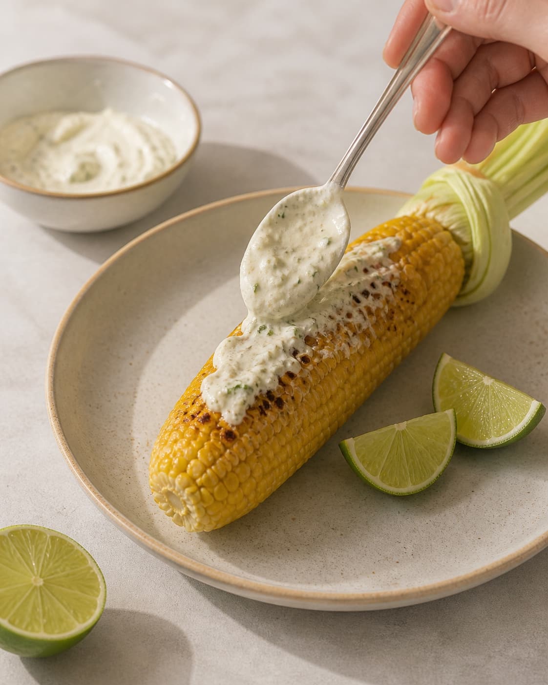 One single photorealistic instructional frame of the grilled dish resting on one serving platter for Tex Mex Majskolber, featuring majskolber, mayonnaise, lime, with only the named equipment and no unrelated food, text, logos or packaging under tilberedningen af tex mex majskolber