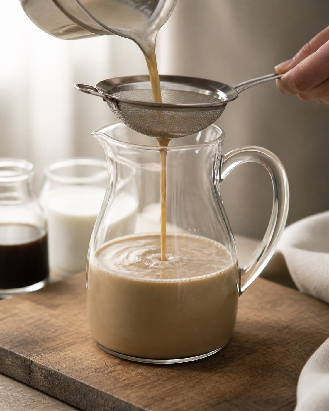 One single photorealistic instructional frame of a strained drink base cooling in one clear jug for Baileys med kaffe isterninger, featuring Baileys, stærk kaffe, mælk, with only the named equipment and no unrelated food, text, logos or packaging under tilberedningen af baileys med kaffe isterninger