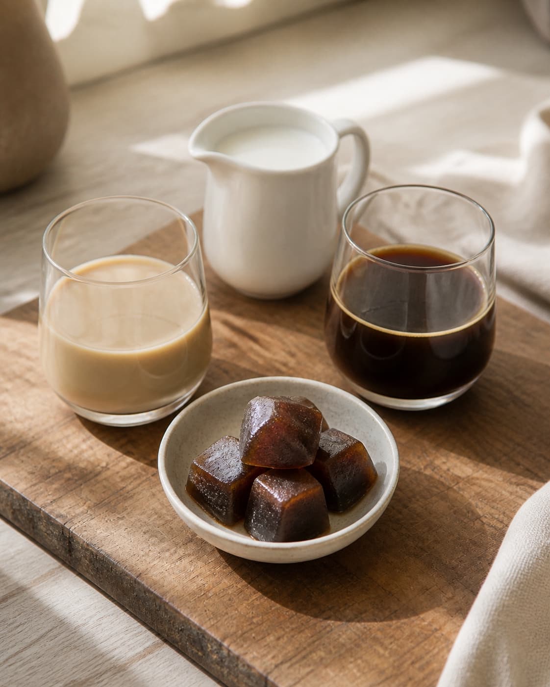 One single photorealistic instructional frame of measured drink components arranged separately for Baileys med kaffe isterninger, featuring Baileys, stærk kaffe, mælk, with only the named equipment and no unrelated food, text, logos or packaging under tilberedningen af baileys med kaffe isterninger