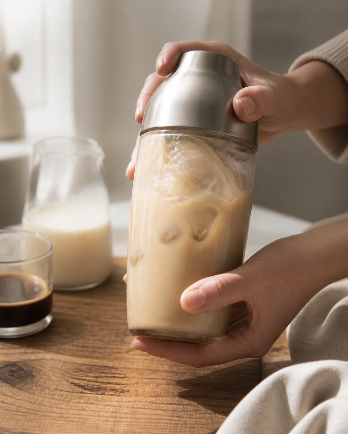 One single photorealistic instructional frame of the drink being shaken or stirred with clear ice for Baileys med kaffe isterninger, featuring Baileys, stærk kaffe, mælk, with only the named equipment and no unrelated food, text, logos or packaging under tilberedningen af baileys med kaffe isterninger