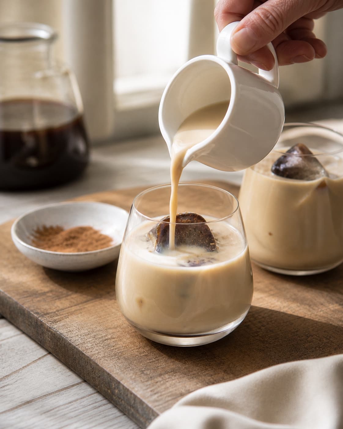 One single photorealistic instructional frame of the completed drink in clean chilled glasses with restrained garnish for Baileys med kaffe isterninger, featuring Baileys, stærk kaffe, mælk, with only the named equipment and no unrelated food, text, logos or packaging under tilberedningen af baileys med kaffe isterninger