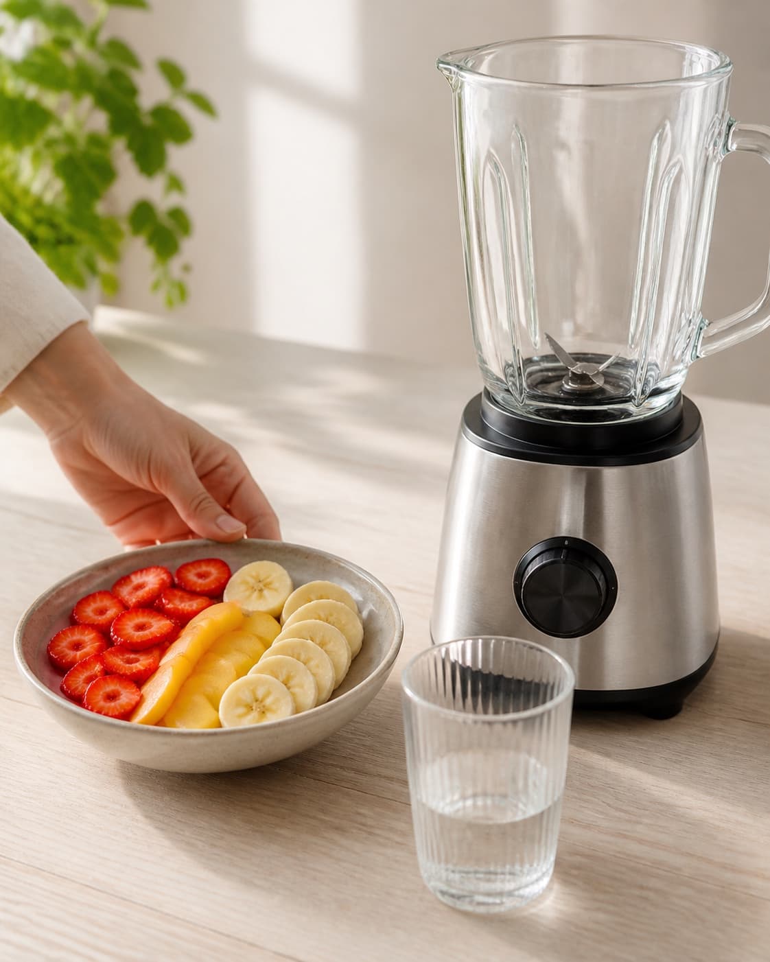 One single photorealistic instructional frame of prepared fruit and measured liquid beside one blender for Sommerlækker smoothieskål, featuring jordbær, fersken, banan, with only the named equipment and no unrelated food, text, logos or packaging under tilberedningen af sommerlækker smoothieskål
