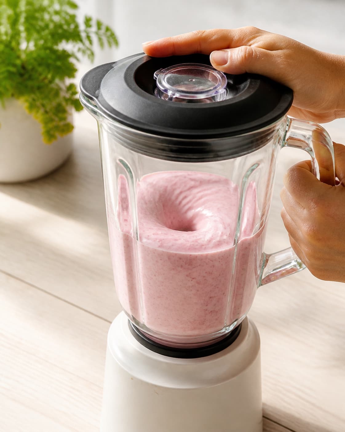 One single photorealistic instructional frame of the final colorful smoothie blending until thick and uniform for Sommerlækker smoothieskål, featuring jordbær, fersken, banan, with only the named equipment and no unrelated food, text, logos or packaging under tilberedningen af sommerlækker smoothieskål