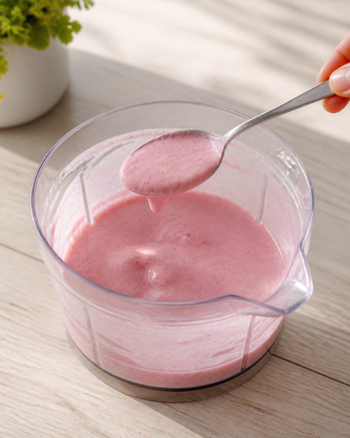 One single photorealistic instructional frame of one spoon checking the thick smoothie consistency for Sommerlækker smoothieskål, featuring jordbær, fersken, banan, with only the named equipment and no unrelated food, text, logos or packaging under tilberedningen af sommerlækker smoothieskål