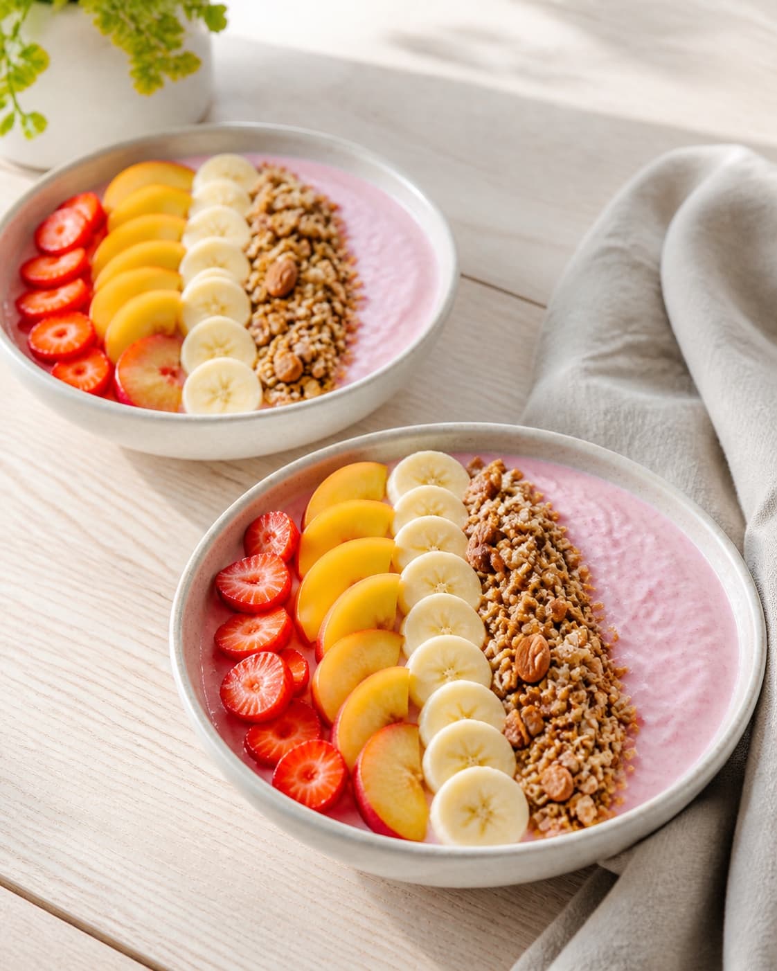 One single photorealistic instructional frame of the finished smoothie poured into clean chilled glasses or bowls for Sommerlækker smoothieskål, featuring jordbær, fersken, banan, with only the named equipment and no unrelated food, text, logos or packaging under tilberedningen af sommerlækker smoothieskål