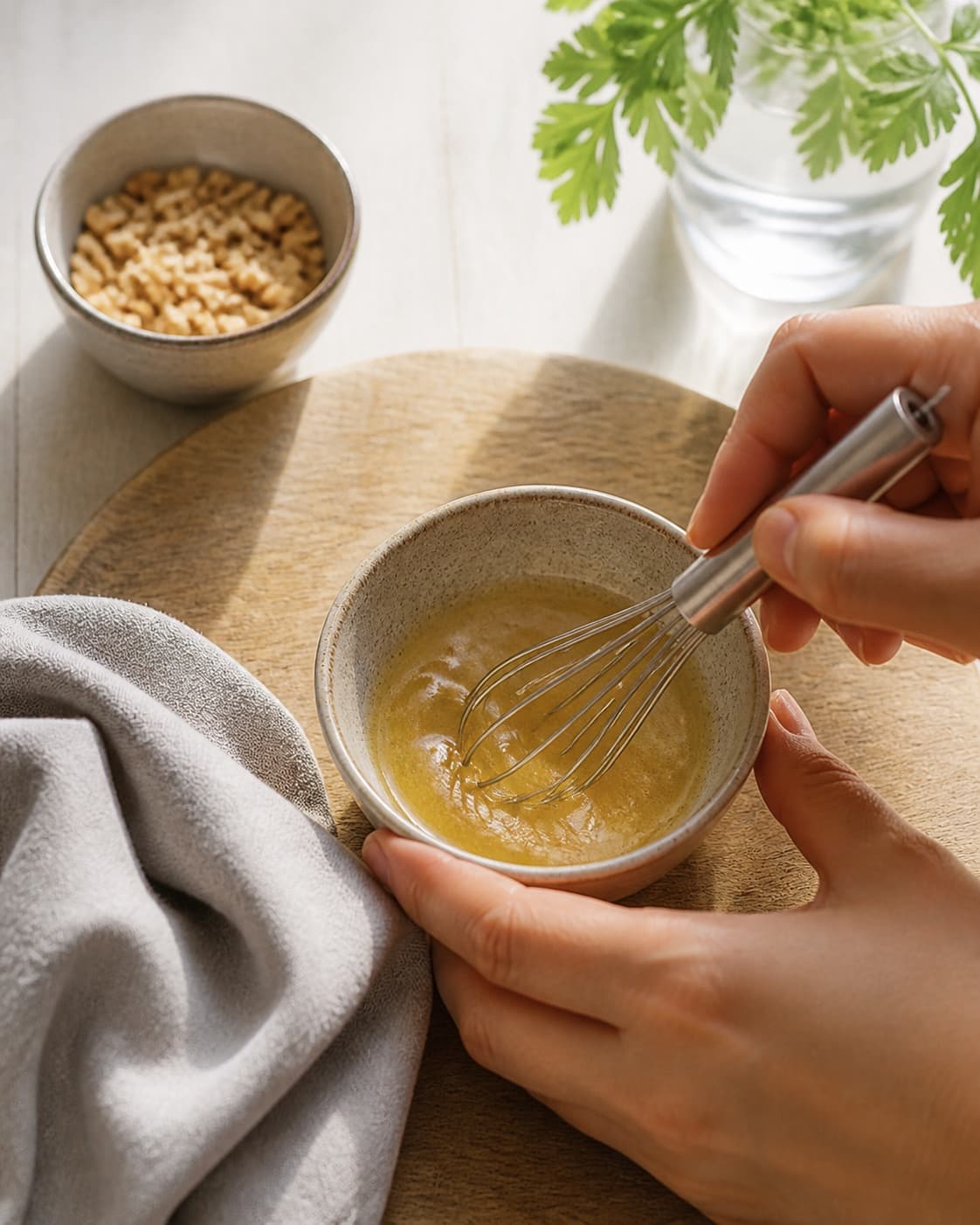 One single photorealistic instructional frame of a glossy dressing being whisked in one small bowl for Papayasalat - vietnamesisk, featuring grøn papaya, gulerødder, peanuts, with only the named equipment and no unrelated food, text, logos or packaging under tilberedningen af papayasalat - vietnamesisk