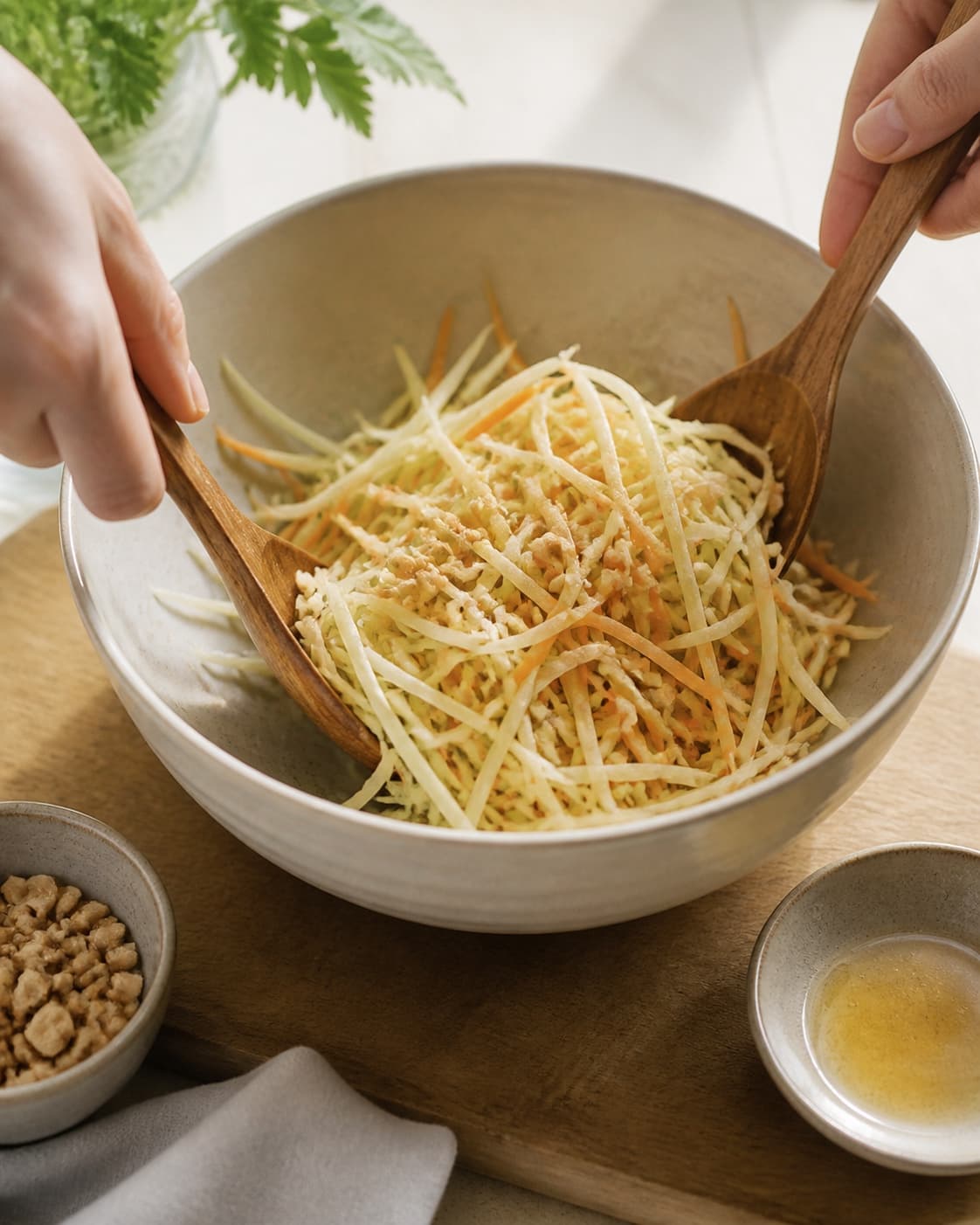 One single photorealistic instructional frame of the prepared salad components being gently tossed together for Papayasalat - vietnamesisk, featuring grøn papaya, gulerødder, peanuts, with only the named equipment and no unrelated food, text, logos or packaging under tilberedningen af papayasalat - vietnamesisk