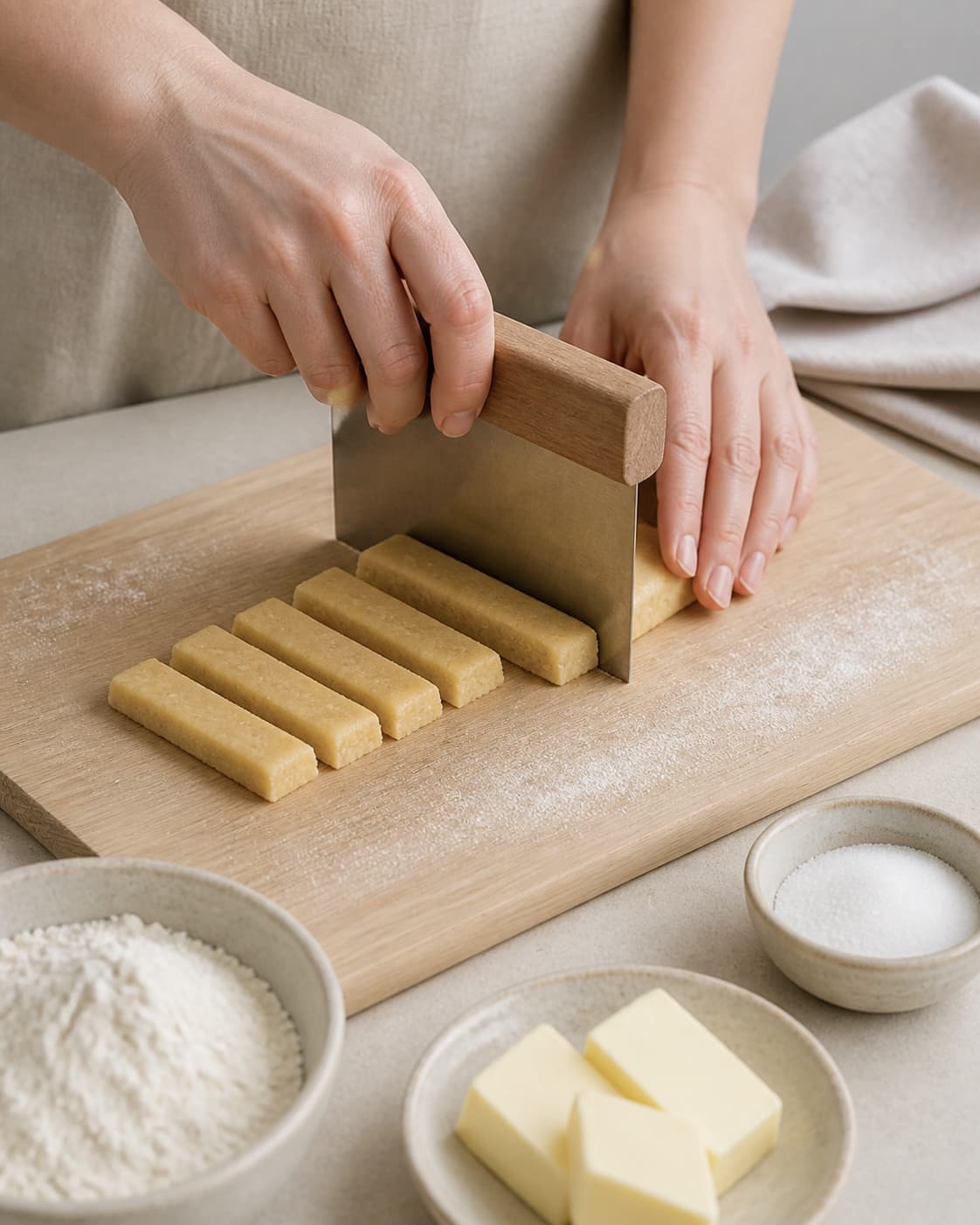One single photorealistic instructional frame of realistic hands shaping equal confection pieces for Hjemmelavet twix, featuring hvedemel, smør, sukker, with only the named equipment and no unrelated food, text, logos or packaging under tilberedningen af hjemmelavet twix