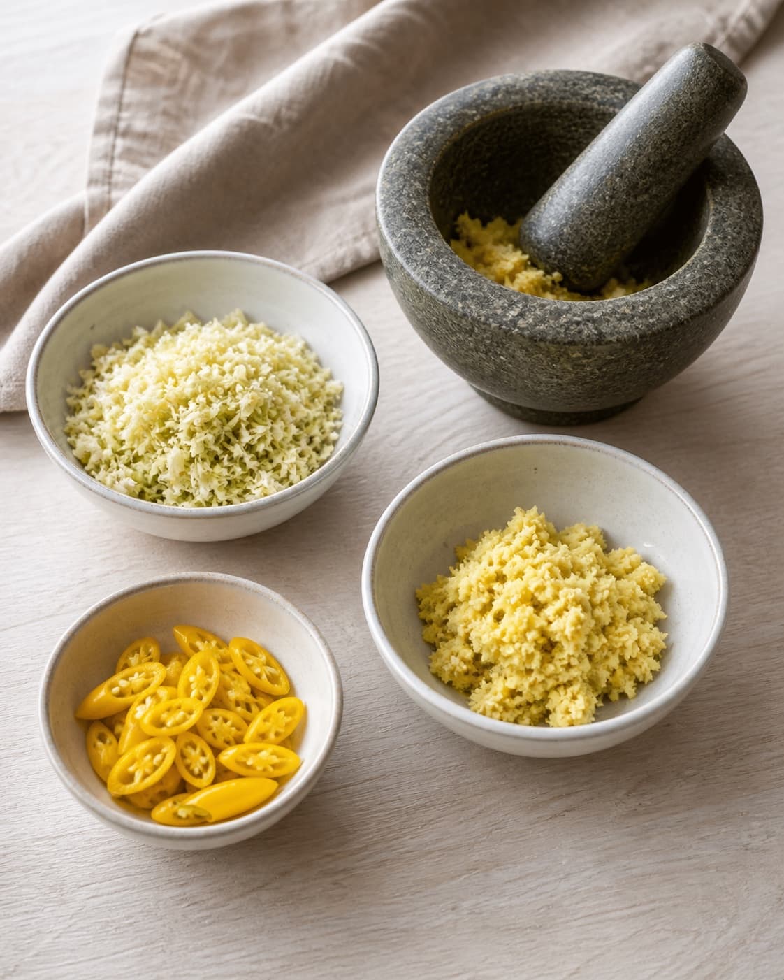 One single photorealistic instructional frame of sauce ingredients prepared in separate bowls for Gul Karry Pasta - til asiatiske retter, featuring gule chilier, citrongræs, frisk ingefær, with only the named equipment and no unrelated food, text, logos or packaging under tilberedningen af gul karry pasta - til asiatiske retter