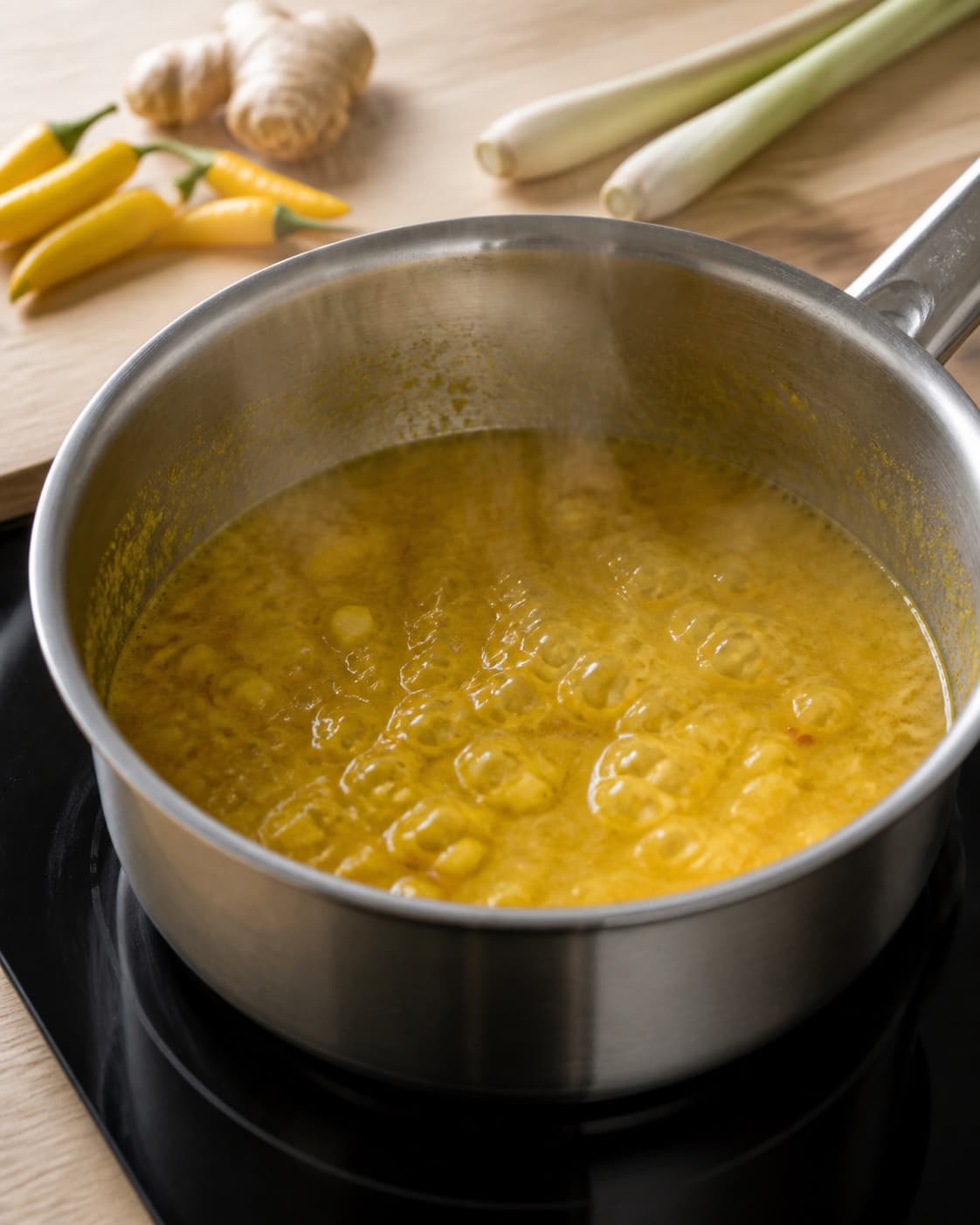 One single photorealistic instructional frame of the sauce base simmering in one saucepan for Gul Karry Pasta - til asiatiske retter, featuring gule chilier, citrongræs, frisk ingefær, with only the named equipment and no unrelated food, text, logos or packaging under tilberedningen af gul karry pasta - til asiatiske retter