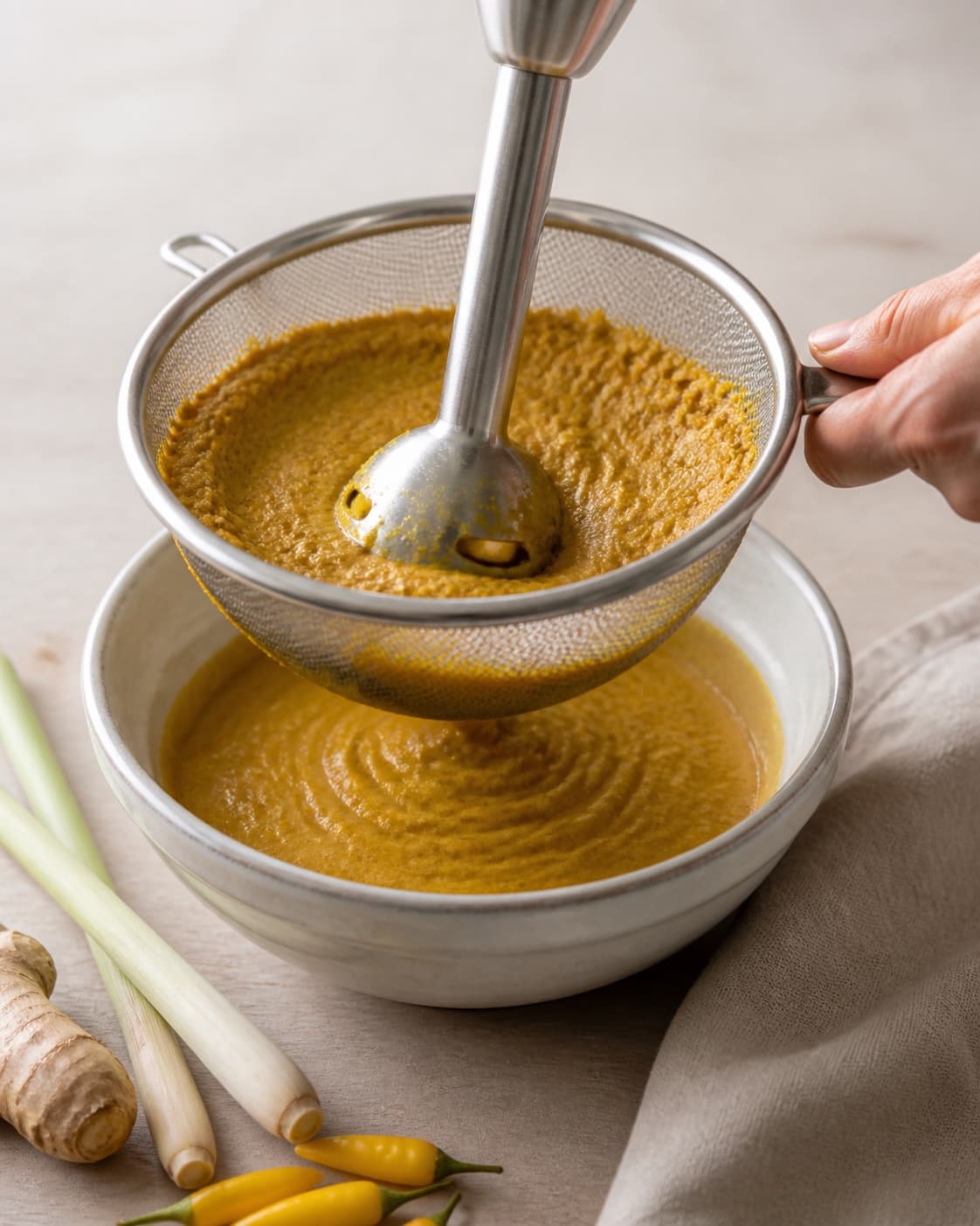 One single photorealistic instructional frame of the cooked sauce being blended or strained smooth for Gul Karry Pasta - til asiatiske retter, featuring gule chilier, citrongræs, frisk ingefær, with only the named equipment and no unrelated food, text, logos or packaging under tilberedningen af gul karry pasta - til asiatiske retter