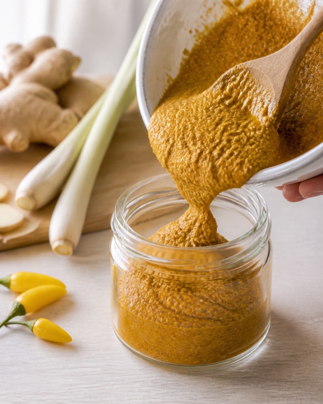One single photorealistic instructional frame of the finished sauce being transferred into one clean jar for Gul Karry Pasta - til asiatiske retter, featuring gule chilier, citrongræs, frisk ingefær, with only the named equipment and no unrelated food, text, logos or packaging under tilberedningen af gul karry pasta - til asiatiske retter