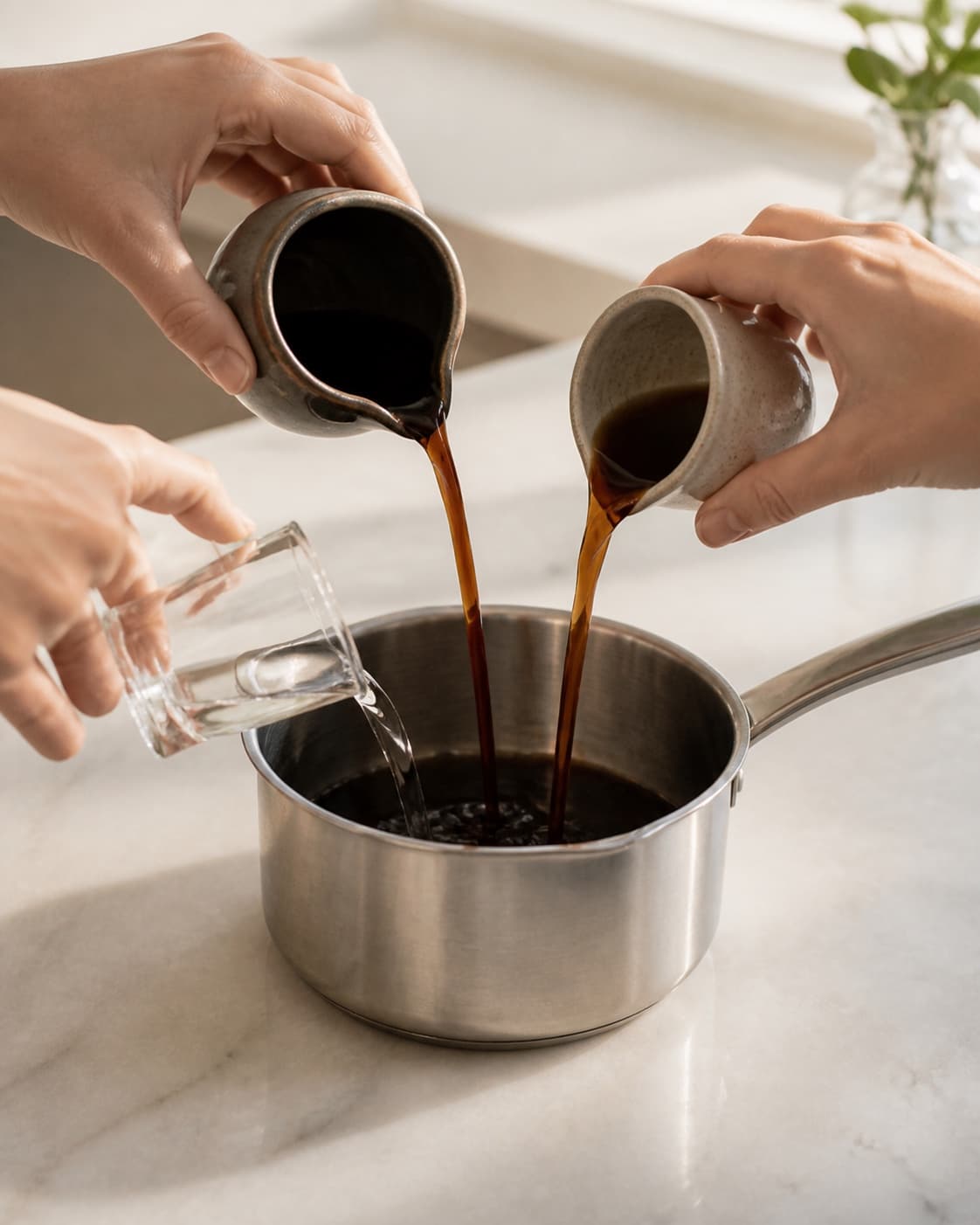 One single photorealistic instructional frame of the aromatic drink base being prepared in one small saucepan for Espresso Martini med saltkaramel, featuring vodka, espresso, kaffelikør, with only the named equipment and no unrelated food, text, logos or packaging under tilberedningen af espresso martini med saltkaramel