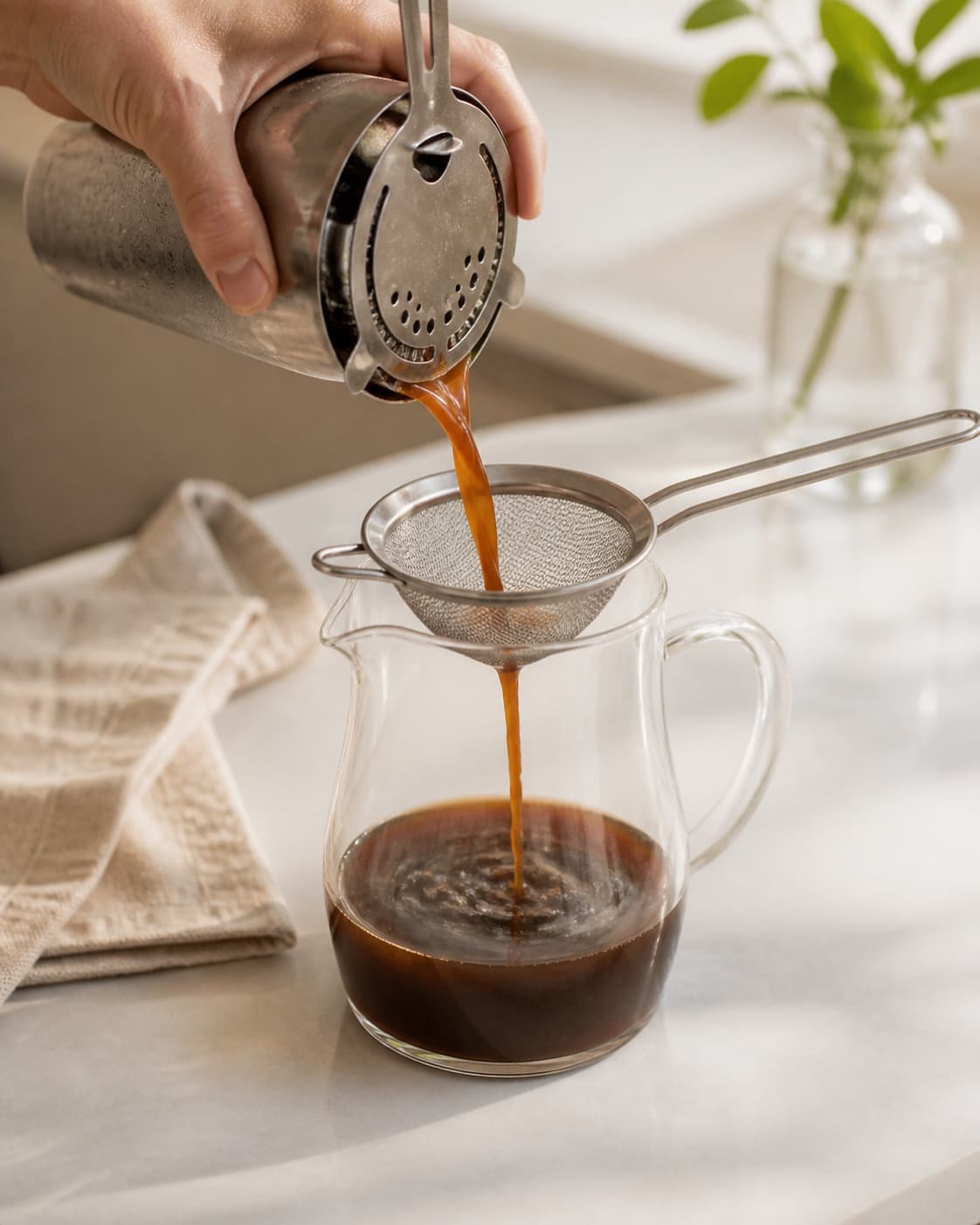One single photorealistic instructional frame of a strained drink base cooling in one clear jug for Espresso Martini med saltkaramel, featuring vodka, espresso, kaffelikør, with only the named equipment and no unrelated food, text, logos or packaging under tilberedningen af espresso martini med saltkaramel