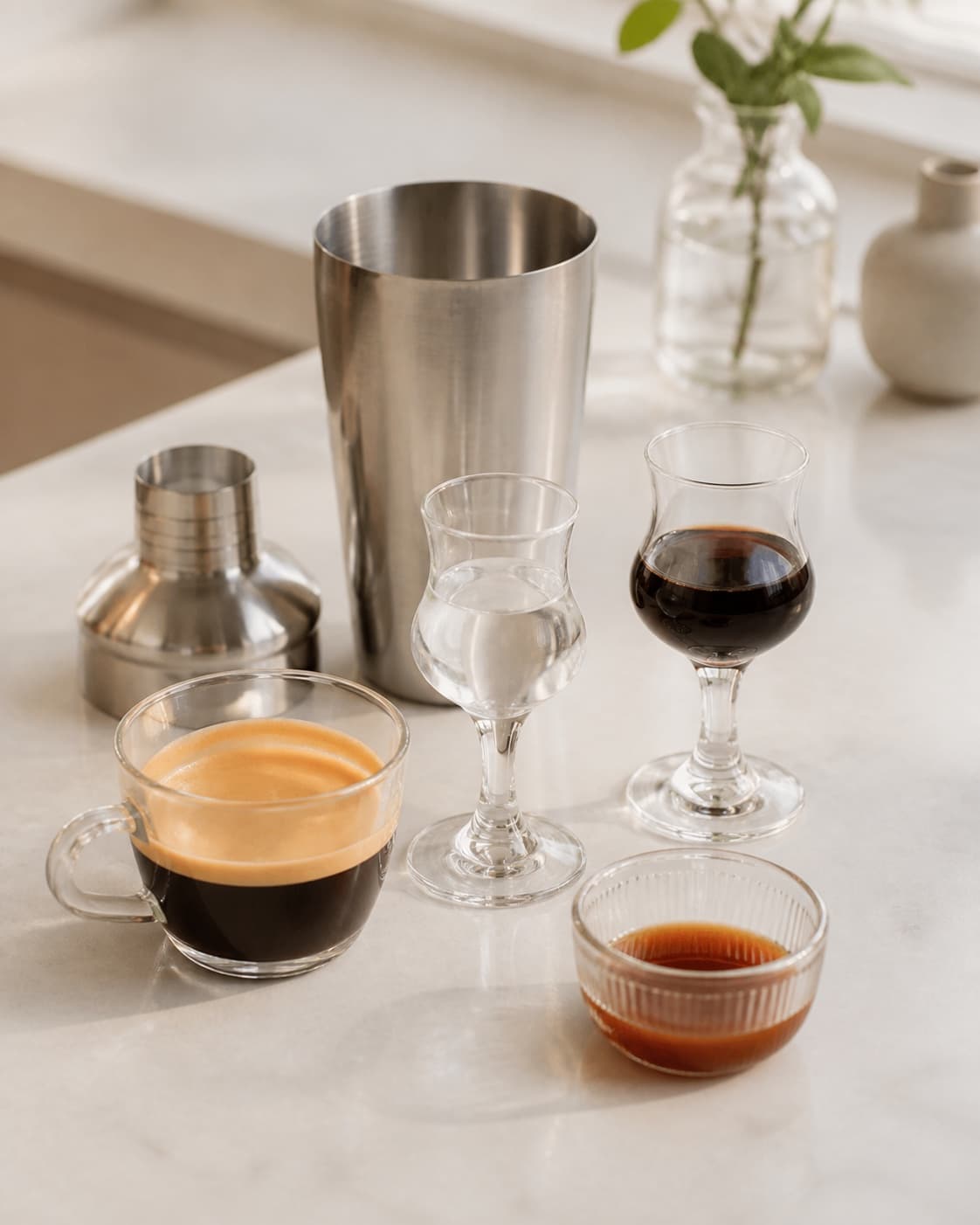 One single photorealistic instructional frame of measured drink components arranged separately for Espresso Martini med saltkaramel, featuring vodka, espresso, kaffelikør, with only the named equipment and no unrelated food, text, logos or packaging under tilberedningen af espresso martini med saltkaramel