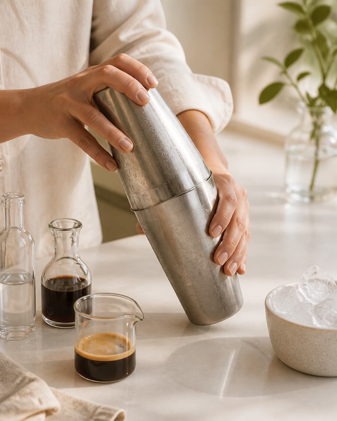 One single photorealistic instructional frame of the drink being shaken or stirred with clear ice for Espresso Martini med saltkaramel, featuring vodka, espresso, kaffelikør, with only the named equipment and no unrelated food, text, logos or packaging under tilberedningen af espresso martini med saltkaramel