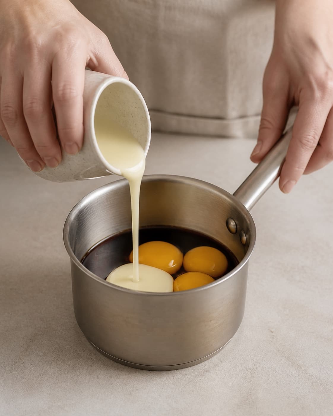 One single photorealistic instructional frame of the aromatic drink base being prepared in one small saucepan for Hanoi Egg Coffee, featuring stærk vietnamesisk kaffe, pasteuriserede æggeblommer, kondenseret mælk, with only the named equipment and no unrelated food, text, logos or packaging under tilberedningen af hanoi egg coffee
