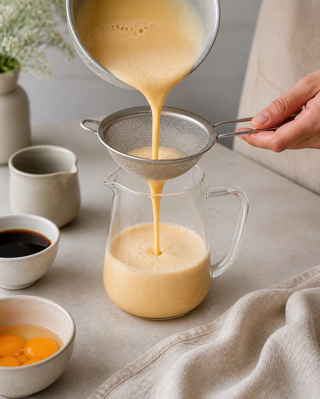One single photorealistic instructional frame of a strained drink base cooling in one clear jug for Hanoi Egg Coffee, featuring stærk vietnamesisk kaffe, pasteuriserede æggeblommer, kondenseret mælk, with only the named equipment and no unrelated food, text, logos or packaging under tilberedningen af hanoi egg coffee