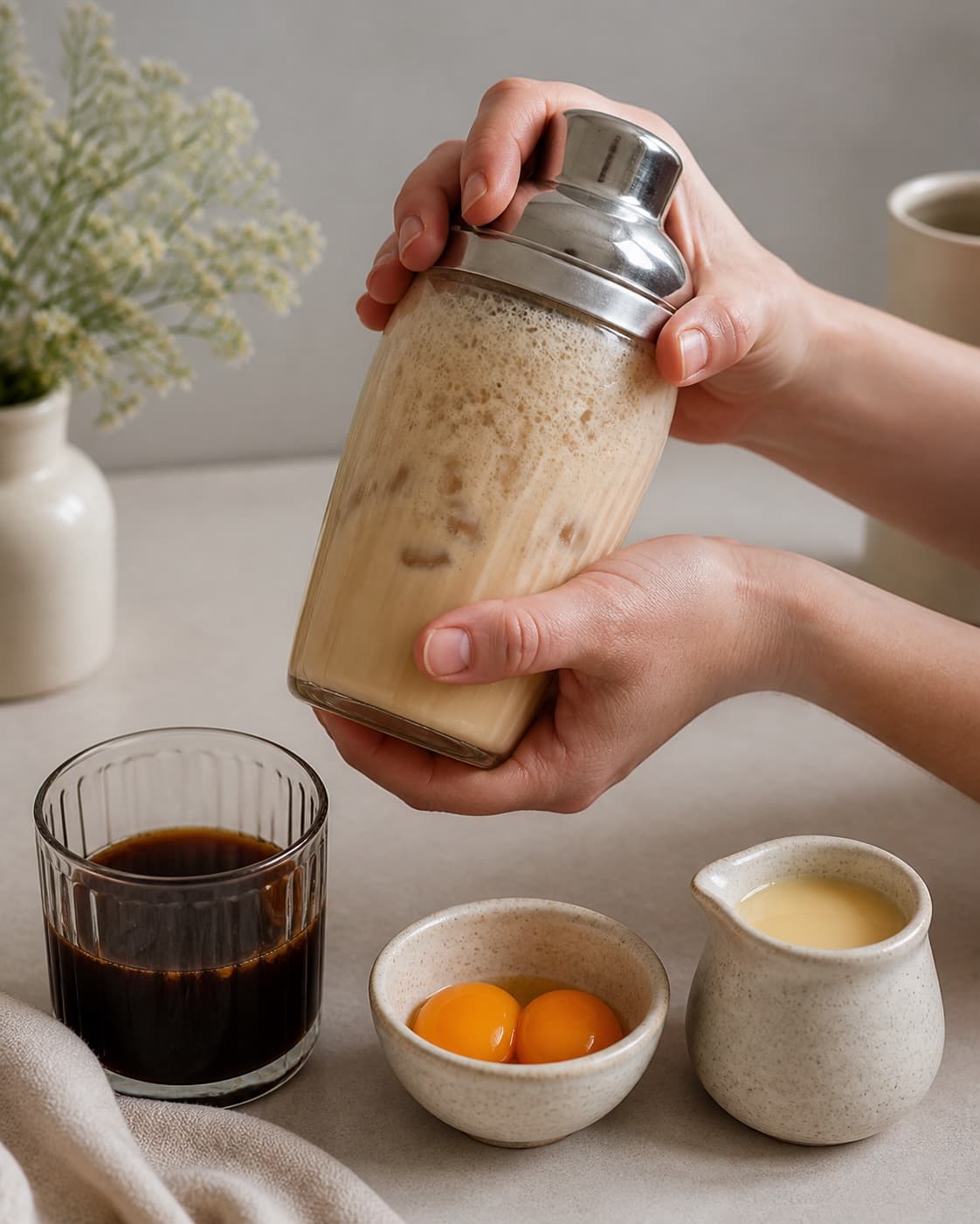 One single photorealistic instructional frame of the drink being shaken or stirred with clear ice for Hanoi Egg Coffee, featuring stærk vietnamesisk kaffe, pasteuriserede æggeblommer, kondenseret mælk, with only the named equipment and no unrelated food, text, logos or packaging under tilberedningen af hanoi egg coffee