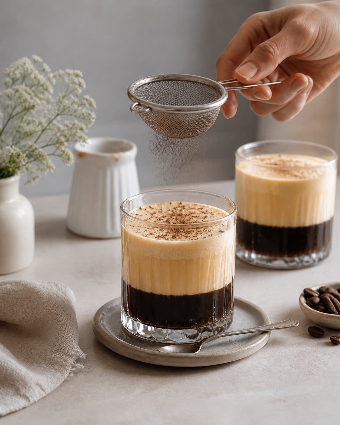 One single photorealistic instructional frame of the completed drink in clean chilled glasses with restrained garnish for Hanoi Egg Coffee, featuring stærk vietnamesisk kaffe, pasteuriserede æggeblommer, kondenseret mælk, with only the named equipment and no unrelated food, text, logos or packaging under tilberedningen af hanoi egg coffee
