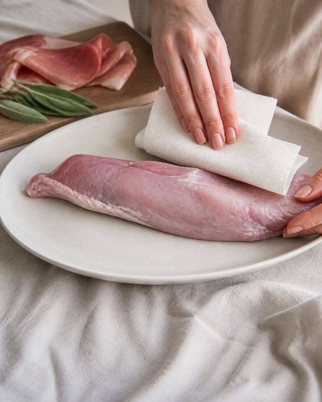 One single photorealistic instructional frame of the main ingredient trimmed cut and dried before roasting for Svinemørbrad med parmaskinke, featuring svinemørbrad, parmaskinke, frisk salvie, with only the named equipment and no unrelated food, text, logos or packaging under tilberedningen af svinemørbrad med parmaskinke